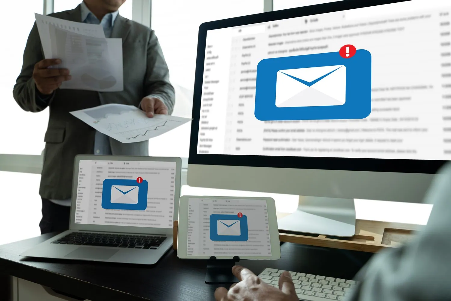 Practice email synced across desktop, laptop and tablet, with new mail arriving